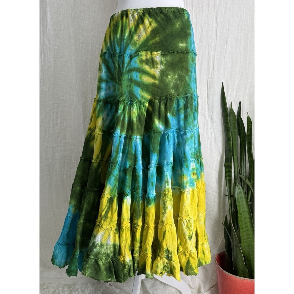 Vtg Tiered Maxi Skirt M Tie Dye Cotton Gauze Y2K Indie Boho Festival Hippie 90s - Picture 2 of 8